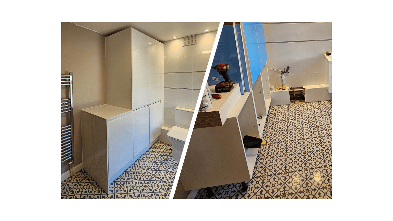 Comparison of bathroom renovation in Poole. The new bathroom features fitted bathroom cabinets, silver wall-mounted heater and floor tiles