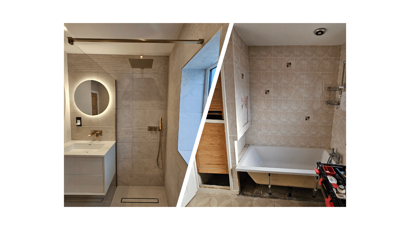 Side-by-side comparison of a bathroom renovation in Poole. The new bathroom has a round LED mirror, a walk-in shower and gold brass fixtures