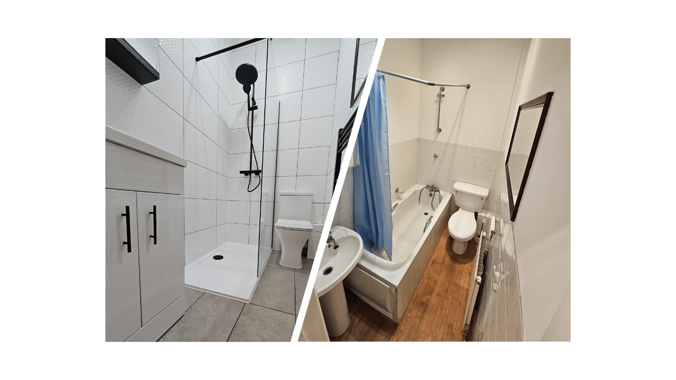 Comparison of bathroom renovation in Poole. The new bathroom features black shower head, glossy vanity unit and white textured wall tiles