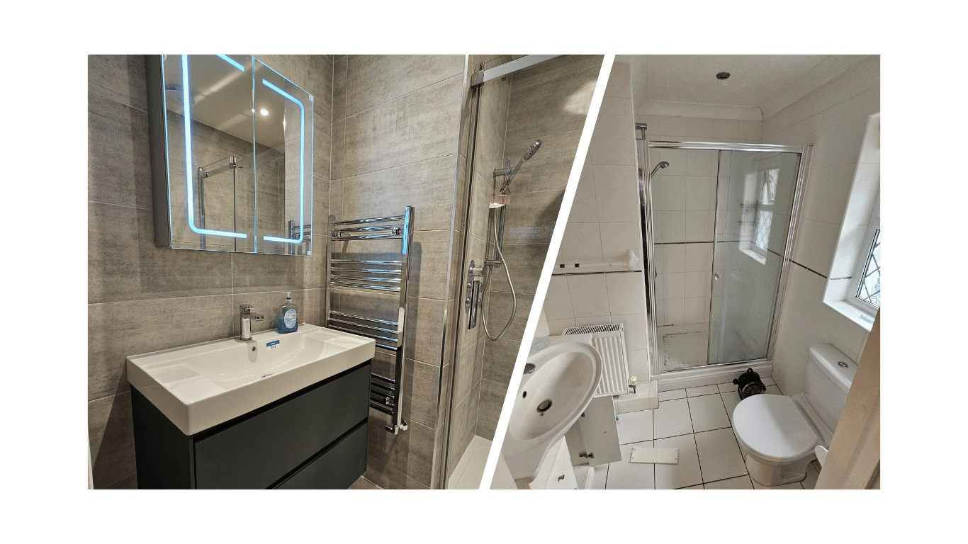 Comparison of bathroom renovation in New Milton. The new bathroom has a LED mirror, stone effect tiles and navy wall-mounted vanity unit.