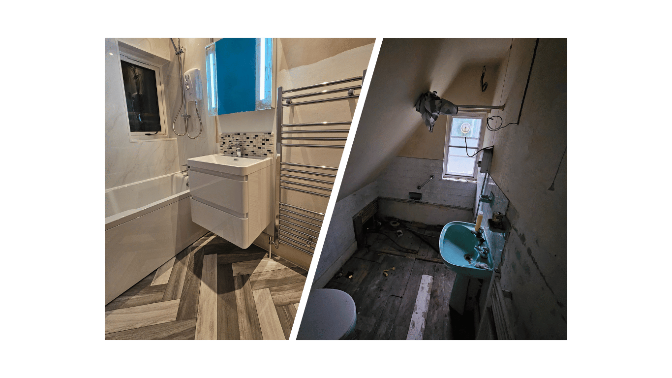 Comparison of bathroom renovation in Poole. The new bathroom features led mirror cabinet, herringbone flooring and wall-mounted vanity unit