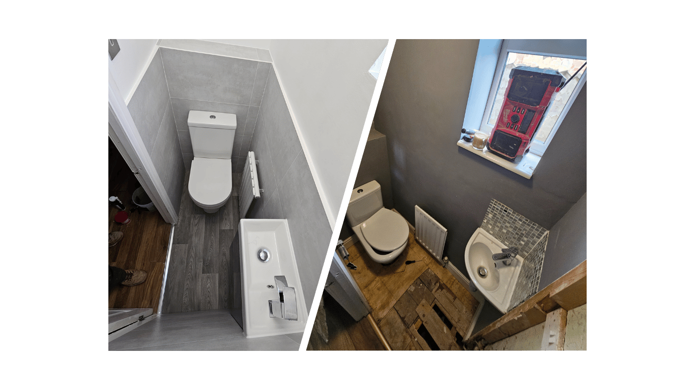 Comparison of cloakroom renovation in Bournemouth. On left, the new cloakroom features grey vinyl floor, grey wall tiles and fitted toilet.