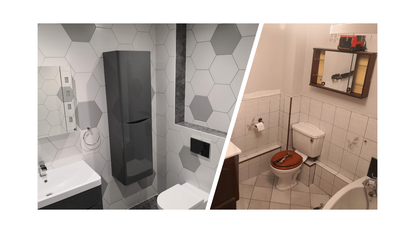 Comparison of bathroom renovation in Muscliff. The new bathroom features mirror cabinet, hexagonal tiles and grey wall-mounted cabinet