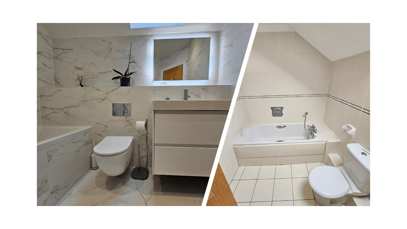 Comparison of bathroom renovation in New Milton. New bathroom has a LED mirror, marble effect tiles, wall-mounted toilet and vanity unit.