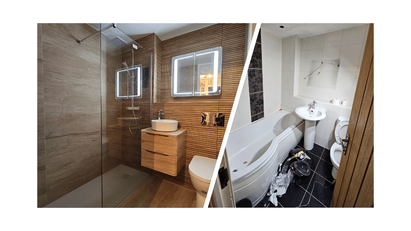 Comparison of bathroom renovation in Broadstone. On left, the new bathroom has a LED mirror, wooden effect tiles and counter top basin.